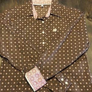 Cinch pink and brown floral rodeo shirt button down size medium